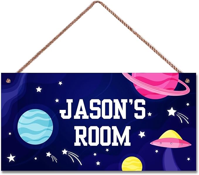 Personalized Outer Space Sign Cute Kids Aerospace Themed For Kids Room Nursery Baby Playroom Door Decor,Custom Name Stars Wall Decor Decorative Plate for Boys Room