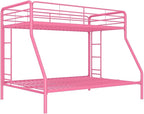 DHP Dusty Metal Bunk Bed Frame, Twin-Over-Full for Kids, Teens, Adults, Angled Ladder, Guardrail, No Boxspring, Small Spaces, Pink