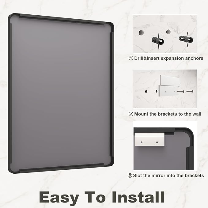30x36 Inch Black Framed Bathroom Mirror for Wall, Matte Black Metal Mirror, Rounded Corner Rectangle Vanity Mirror, Anti-Rust, Shatterproof (Horizontal/Vertical)