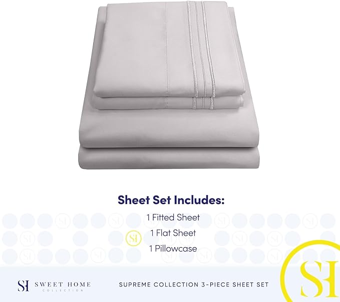 Twin XL Sheets - Breathable Luxury Sheets with Full Elastic & Secure Corner Straps Built In - 1800 Supreme Collection Extra Soft Deep Pocket Bedding Set, Sheet Set, Twin XL, Silver