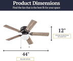 Prominence Home Alvina Traditional 44 Inch Ceiling Fan with Light, LED Flush Mount Ceiling Fan, Indoor Fan with 5 Blades, Gray Pine and Maple Brown Blade Finish Options, Bronze (51584-01)