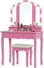 Tiptiper Vanity Desk with Tri-Fold Mirror and Lights, Makeup Vanity with Wood Upholstered Stool, Makeup Desk with 5 Drawers & 8 Jewelry Hooks, Small Vanity, Pink