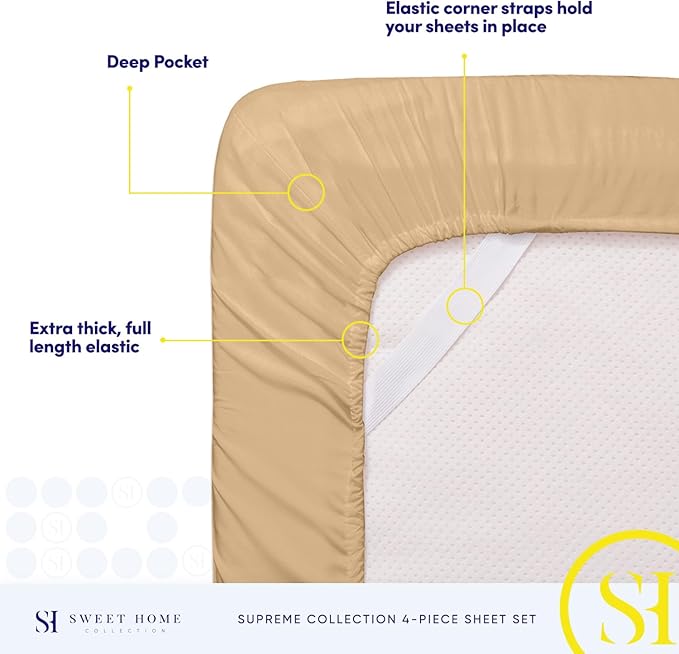 Split King Sheets - Breathable Luxury Sheets with Full Elastic & Secure Corner Straps Built In - 1800 Supreme Collection Extra Soft Deep Pocket Bedding Set, Sheet Set, Split King Size, Camel
