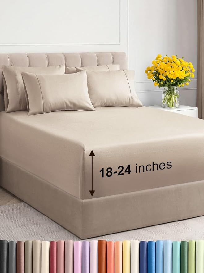 Extra Deep Full Sheet Set - 6 Piece Breathable and Cooling Sheets - Hotel Luxury Bed Sheets Set - Easy & Secure Fit - Soft, Wrinkle Free and Comfy Sheets Set - Wheat Sheet Set with Extra Deep Pockets