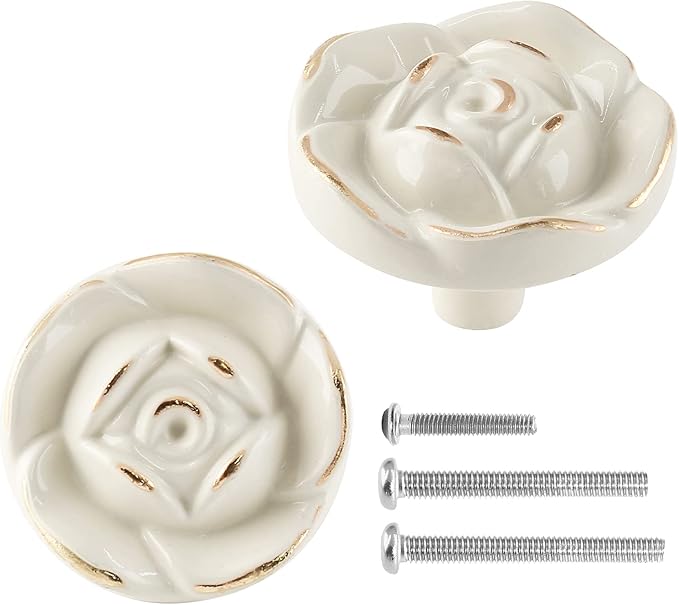 Uenhoy 5 Pcs Rose Drawer Knobs Vintage Dresser Knobs Antique Rose Flower Cabinet Knobs for Dresser Vanity Nightstand Closet with Screws (Ivory White with Golden Edge)