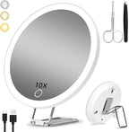 Lighted 10X Magnifying Mirror, 3 Color Modes Dimming Light, 6inch Large Rechargeable Magnified Mirror with 3 Suction Cups & 360° Stand, High Magnification Makeup Mirror with Tweezers & Scissors