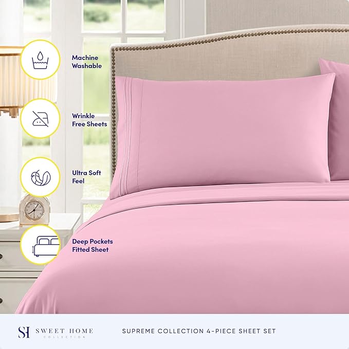 Full Size Sheet Sets - Breathable Luxury Sheets with Full Elastic & Secure Corner Straps Built In - 1800 Supreme Collection Extra Soft Deep Pocket Bedding Set, Sheet Set, Full, Pink