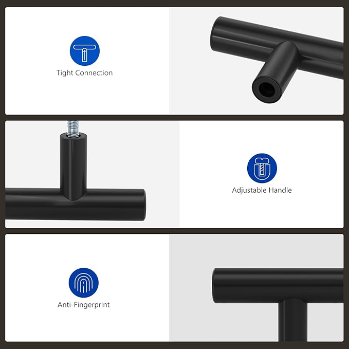 LONTAN 10 Pack Black Knobs for Cabinets and Drawers Kitchen Cabinet Knobs for Dresser Bathroom Modern T Bar Furniture Black Hardware,Stainless Steel