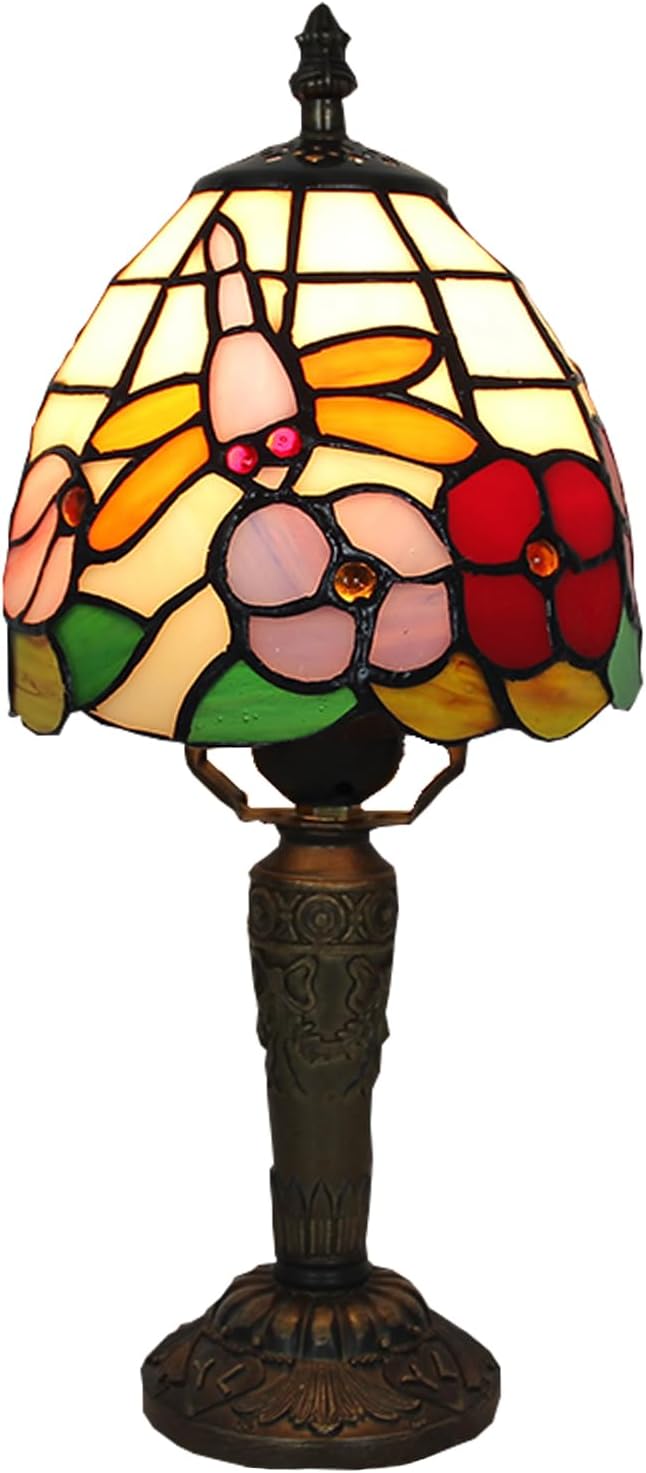 Tiffany Small Lamp Baroque Stained Glass Table Lamp 3 Way Color-Temparetures Bedside Nightstand Table Lamps for Bedroom Living Room Home Office Desk Light W/LED Bulb 6X6X12.5Inch