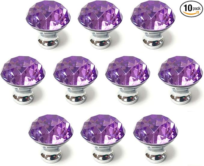 10 Pcs 30mm Silver Plated Base Diamond Shape Crystal Glass Cabinet Knob Drawer Knob Pull Handle Used for Kitchen, Dresser, Door, Cupboard (Purple)