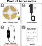 COB LED Strip 5m,16.4ft LED Strip Lights,Touch Dimmable LED Strips,CRI90+,6000K Daylight White LED Tape Lights,1600LEDs,24V cob led,Indoor for Bedroom,Kitchen,TV,Mirror,Cabinet