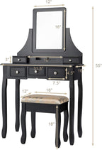 CHARMAID Makeup Vanity Set with Mirror and Cushioned Stool, Dressing Table with 5 Drawers and Removable Storage Organizers, Bedroom Makeup Table with Stool for Women Girls (Black)