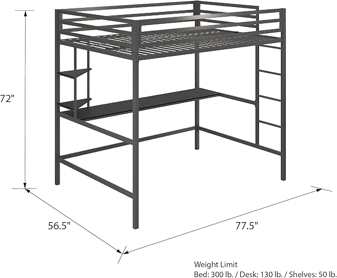 Novogratz Maxwell Metal Full Loft Bed with Desk & Shelves, Gray/Black