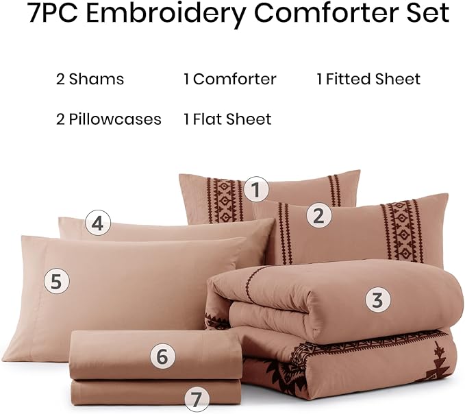 MaiRêve Embroidery Full Size Comforter Set Dusty Pink, Farmhouse Western Boho Bedding Set 7 Pieces, All Season Bed in A Bag Comforter Set with Sheets, Pillowcases & Shams