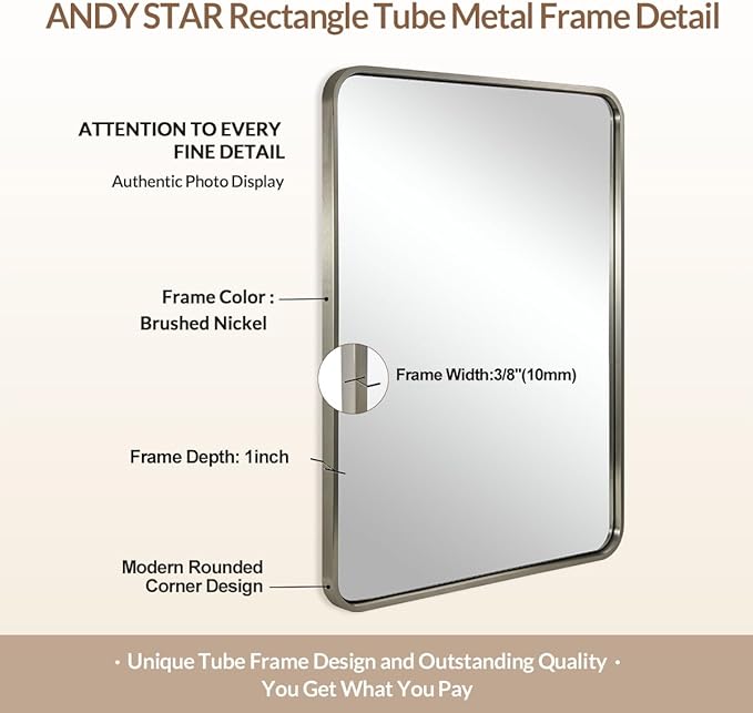 ANDY STAR Mirrors for Wall, 20x28’’ Brushed Nickel Bathroom Mirror, Rounded Rectangle Mirrors for Vanity, Anti-Rust SUS304, Tube Metal Frame, 1’’ Deep Wall Mounted Vertically/Horizontal