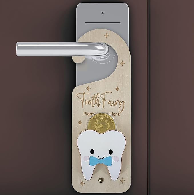 PAMBO Tooth Fairy Door Hanger, Wooden Tooth Fairy Money Holder with Tooth Coins for Lost Tooth Kids Gifts (Blue)