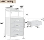 Furnulem White Nightstand with Charging Station, Night Stand Side Table with Led Light, Tall Dresser for Bedroom with 4 Fabric Storage Drawers, Metal Frame, Wood Shelf(White)