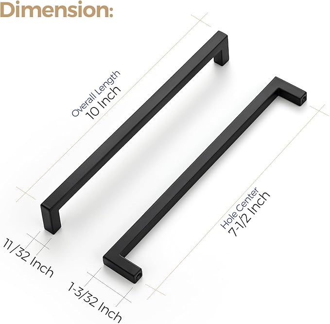 Ravinte 10 Pack Solid Kitchen Cabinet Handles Matte Balck Cabinet Pulls Slim Drawer Pulls with 7-1/2 Inch Hole Center Square Bar Kitchen Cabinet Hardware