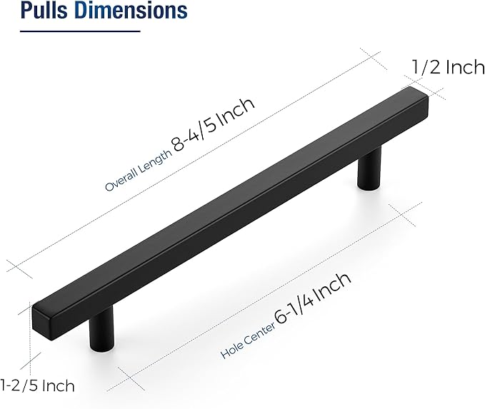 JOY DECOR 45 Pack 6-1/4 Inch Matte Black Square Cabinet Handles Stainless Steel Cabinet Hardware Pulls for Kitchen and Drawers with 8-13/16 Inch Overall Length