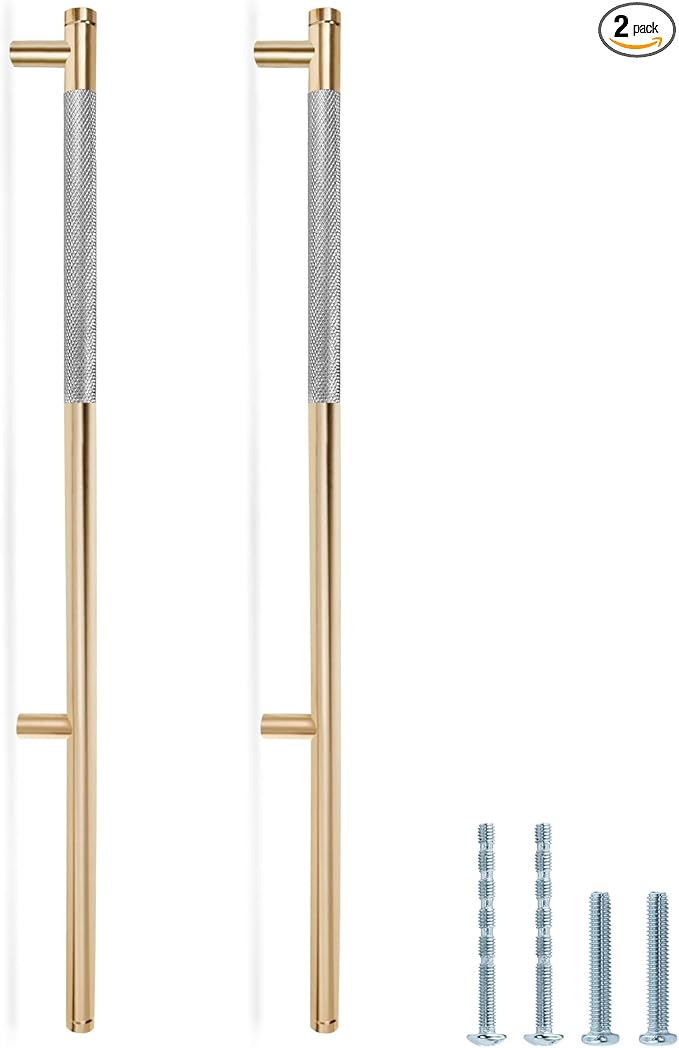 Knurled Cabinet Pulls 2 Pack, 16 Inch Long Cabinet Handles Metal Door Pulls, Kitchen Drawer Pull Knurled Dresser Handles - 10" Hole to Hole, Grey & Gold
