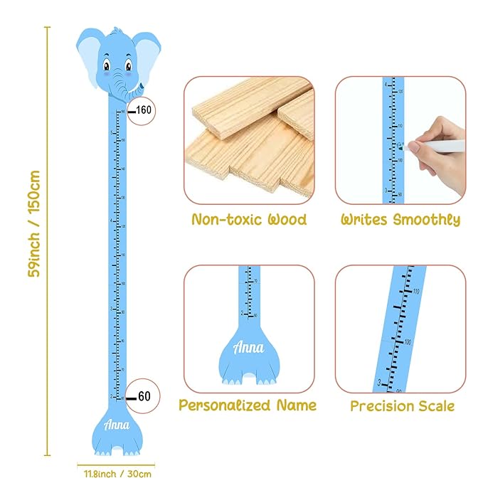 Personalized Growth Chart for Wall, Wooden Height Chart for Kids, Cute Height Measurement for Child/Girls/Boys, Baby and Toddler's Playroom/Kid's Room/Nursery Decor, Elephant