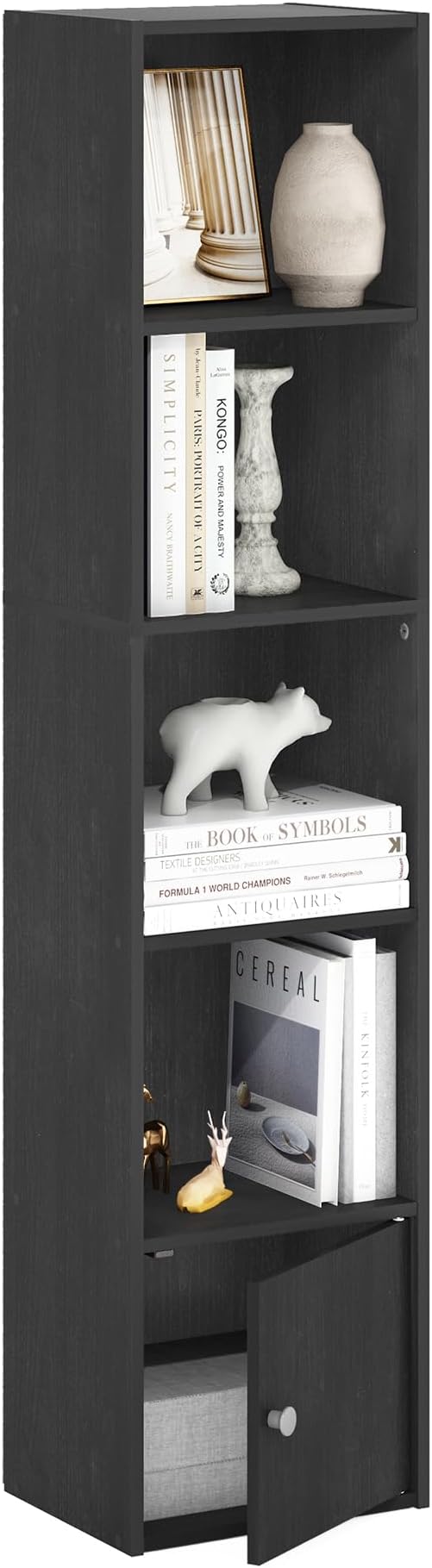Furinno LUDER Book Shelf, 5-Tier Modern Bookshelf, Bookcase with 1 Door Storage Cabinet, 9.3" x 12" x 52", for Living Room, Bedroom, Home Office, Blackwood