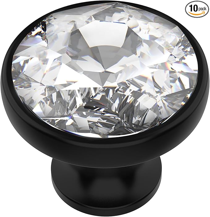 Alzassbg 10 Pack Clear Crystal with Matt Black Base Cabinet Knobs, 1-3/8 Inch (35mm) Diameter Cabinet Hardware Round Crystal Knobs for Drawers AL1011
