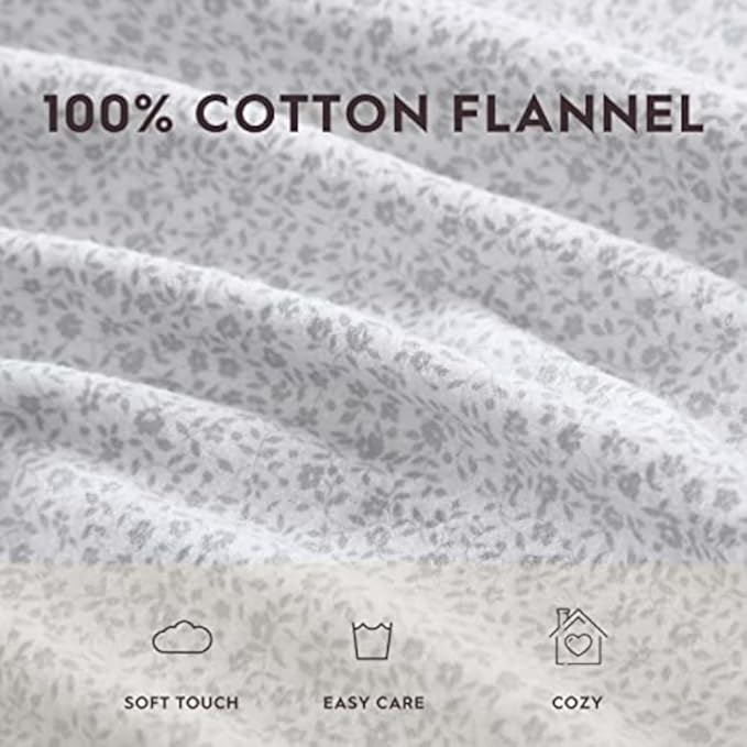 Laura Ashley - Flannel Sheets Queen Size, Anti-Pilling & Wrinkle Resistant Cotton, Touchably Soft for All-Season Comfort - Bed Sheets with Matching Pillowcases & Fitted Sheet (Chelsie Vine Grey)