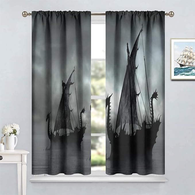 Viking Ship Blackout Curtains,Gloomy Misty Lake Landscape Fantasy Black White Color Sailing Dragon Boat Window Drapes for Boys Girls Bedroom Living Room,Norse Decor 84x84in