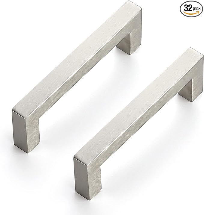 Ravinte 32 Pack 4 Inch Kitchen Square Cabinet Handles Satin Nickel Pulls Brushed Nickel Kitchen Cabinet Hardware Handles for Cupboard Drawer Pulls