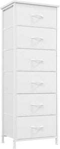 Somdot Tall Dresser for Bedroom with 6 Drawers, Storage Organizer Chest of Drawers with Removable Fabric Bins for Closet Bedside Living Room Laundry Entryway Hallway, White Leather