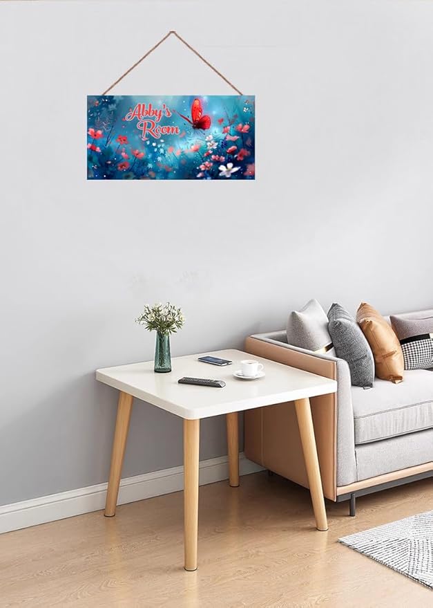 Personalized Sign Red Butterfly Sign Flower Art Décor For Kids Room Custom Name Door Wall Decor, Floral Nursery Art Plate For Girls Room Baby Boys Bedroom