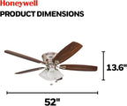 Honeywell Ceiling Fans Glen Alden, 52 Inch Classic Flush Mount Indoor LED Ceiling Fan with Light, Pull Chain, Quick-2-Hang Dual Finish Blades, Reversible Motor - 50182 (Brushed Nickel)