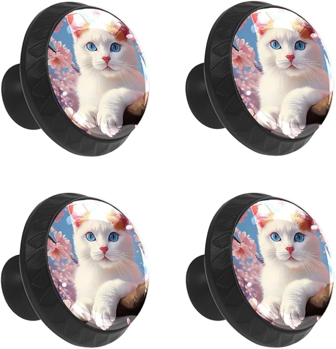 4 Pack Cabinet Knobs White Cat Drawer Pulls Crystal Glass Round Knobs Handles for Dressers Drawer Bathroom Kitchen Cupboards Wardrobes Hardware Furniture Knobs