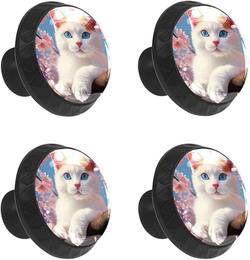 4 Pack Cabinet Knobs White Cat Drawer Pulls Crystal Glass Round Knobs Handles for Dressers Drawer Bathroom Kitchen Cupboards Wardrobes Hardware Furniture Knobs