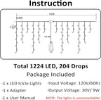 Toodour Christmas Icicle Lights Outdoor, 1224 LED 100ft 8 Modes Fairy Icicle String Light with 204 Drops, Led Christmas Lights Twinkle for Holiday, Party, Wedding, Eaves, Xmas Decorations (Multicolor)