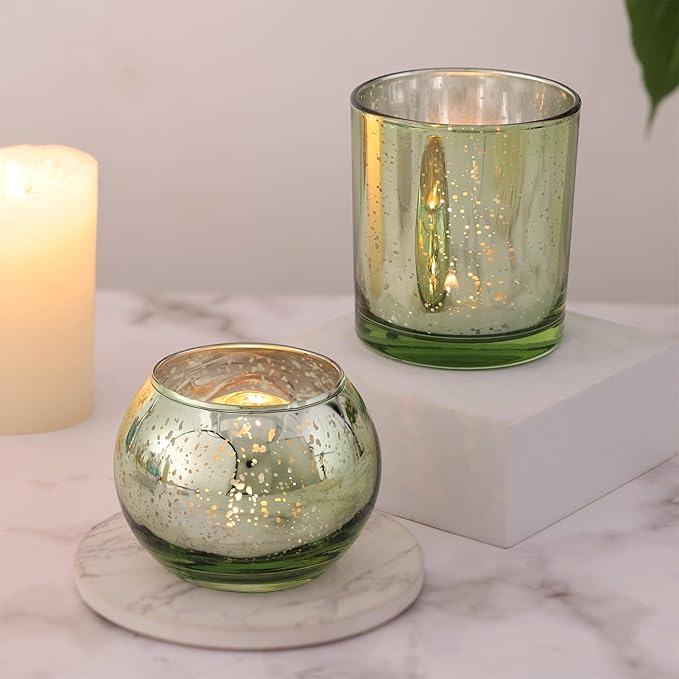 20 Pcs Assorted Green Votive Candle Holders, Larger Size Mercury Glass Candle Holder Bulk, Glass Votive Holder for Wedding, Tea Candle Holders for Christmas Decor, Sage Green Centerpieces for Table
