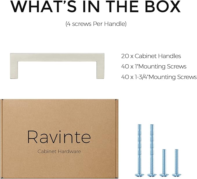 Ravinte 20 Pack Solid 3-3/4 Inch Center to Slim Square Bar Drawer Handles Cabinet Brushed Nickel Pulls Kitchen Hardware, Satin Nickel, 3-3/4'' Hole