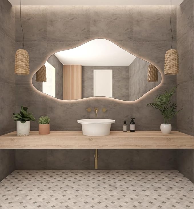 Asymmetrical Bathroom LED Mirror, Modern Irregular Shape Wall Mirror with LED Lights, Frameless Aesthetic Backlit LED Illimunated Vanity Mirror (25" x 13" inc)