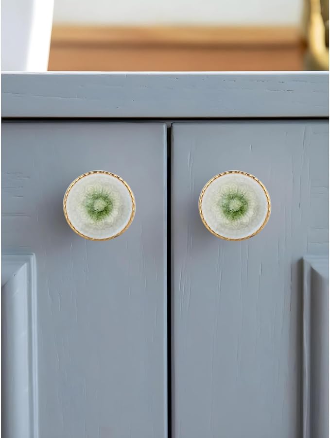 Perilla Home Set of 6 Marrakesh Knob Ceramic Decorative Round Knobs for Home Kitchen Cabinet Hardware Cupboard Glass Door Dresser Wardrobe and Drawer Pulls (Light Green)