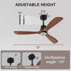 Obabala 52 Inch Ceiling Fans with Lights and Remote Control-Outdoor Ceiling Fan with Light 3 Walnut Wood Blade for Bedroom Living Room Indoor Farmhouse Patio, Reversible Noiseless DC Motor