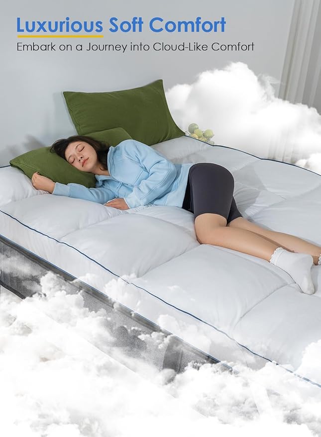 QUEEN ROSE Mattress Topper Queen, Pillow Top Extra Thick Mattress Bed Cover Topper, Soft Baffle Box Overfilled Down Alternative for Back Pain, 4 Corner Straps, White