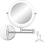 Wall Mounted Makeup Vanity Mirror with Lights, 8” Double Sided 1X/10X Wall Mount Magnifying Bathroom Shaving Mirror with 3 Color Lights, Rechargeable Touch Dimmable Extendable Cosmetic