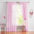 Treatmentex Pom-Pom Pink Sheer Curtains for Girl's Room 95 inches Linen Textured Look Red Sheer Window Draperies for Bedroom Living Room, 52" w x 2 Panels, Rod Pocket