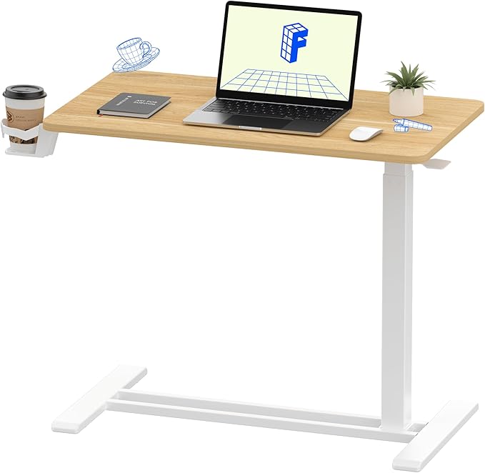 FLEXISPOT H7 Adjustable Overbed Bedside Table with Wheels Pneumatic Mobile Standing Desk Laptop Desk Rolling Computer Cart Movable Table Hospital Home Use(31.5" W x 17.7" D, Maple Large)