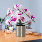 LESING Artificial Orchid Flower with Vase Realistic Orchids Faux Flower Fake Orchid Bonsai Plants in Pot Arrangement for Home Wedding Party Dining Table Centerpiece Decor (White Purple,Silver Vase)
