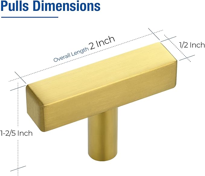 JOY DECOR 10 Pack Single Hole Brushed Brass Square Cabinet Handles Stainless Steel Cabinet Hardware Pulls for Kitchen and Drawers with 2 Inch Overall Length