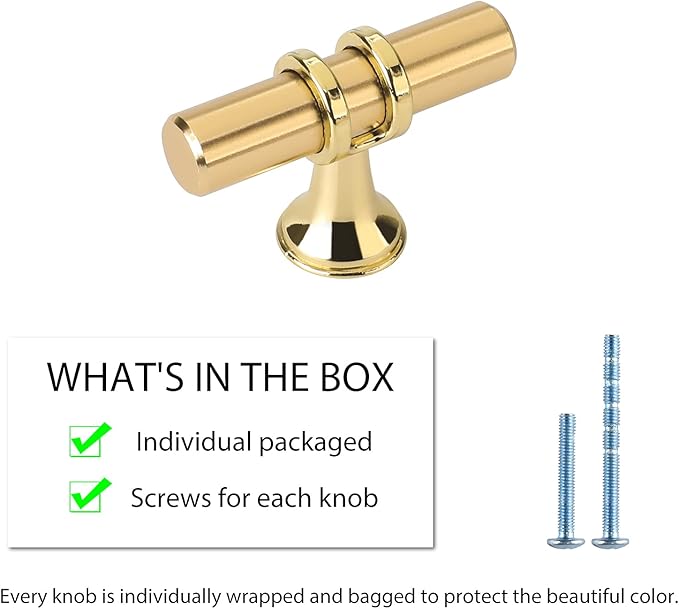 Lontan 10 Pack Gold Brass Kitchen Cabinet Knobs - T Bar Solid Drawer Knobs - Single Hole - Brushed Brass for Dresser Drawers