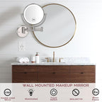 Premium 8" Brass Lighted Wall Mount Makeup Mirror with Magnification, 1X/5X Double-Sided Adjustable Bathroom Wall-Mounted Mirrors Swing Arm, Touch Dimming, Brushed Nickel Finish, Hard Wired