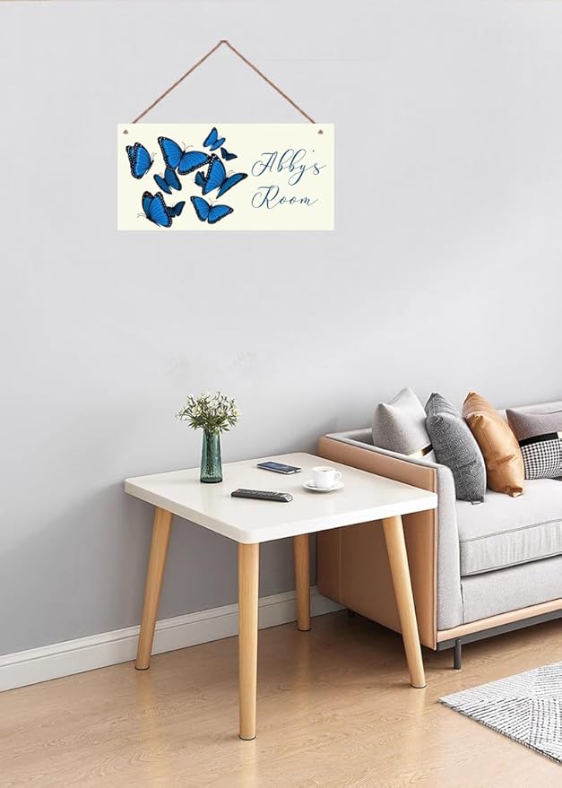 Personalized Blue Butterfly Sign Door Décor For Kids Room Custom Name Wall Art Decor, Nice Floral Nursery Art Plate For Girls Room Living Room Bedroom Greenhouse Garden